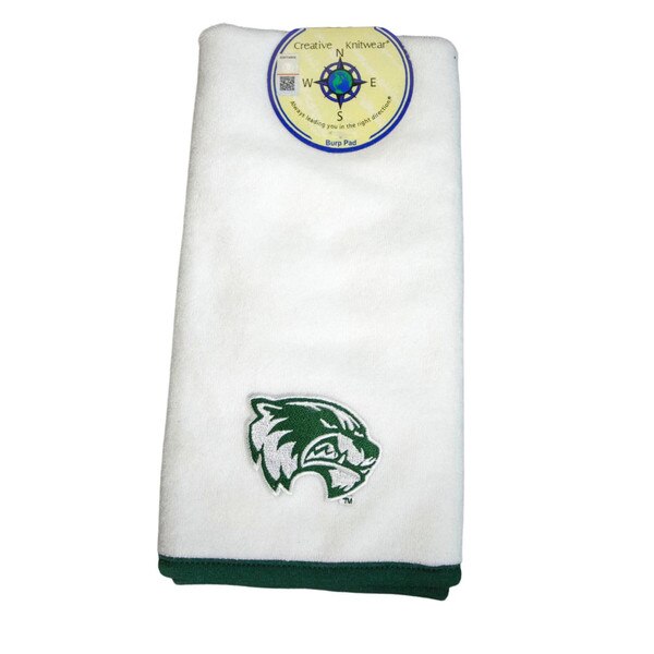 White burp pad with hunter green trim, wolverine head logo embroidered.